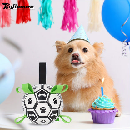 Soccer Ball Dog Toy with Straps - Interactive Tug of War Ball for Dogs, Durable Outdoor Water Toy for Small Medium Dogs, Includes Charging Cylinder, Great Dog Birthday Gift
