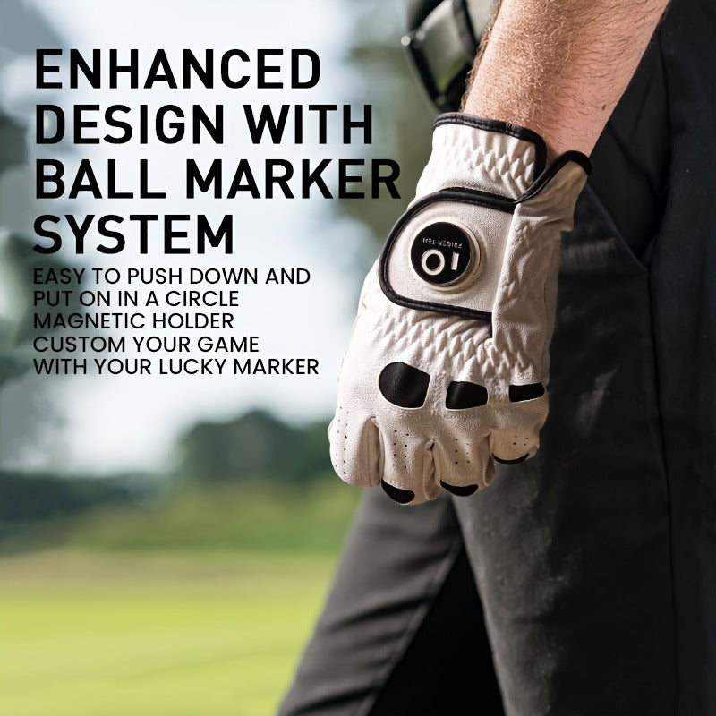 Men's Golf Glove Left Hand 3 Pack with Ball Marker – WeatherSof Soft Grip Cabretta-Style Golf Gloves for Men, Buckle Closure, All-Weather Performance, Sizes S to XXL (White)