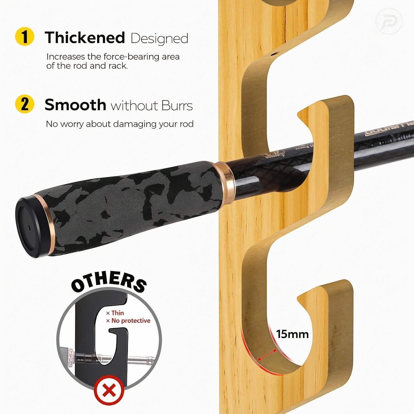 Wall-Mounted Wooden Fishing Rod Rack – 5-Hole Horizontal Rod Holder for Garage, Ceiling & Wall | Solid Wood Fishing Pole Storage Bracket for 5, 10 or 20 Rods | Father's Day Gift for Fishermen & Anglers