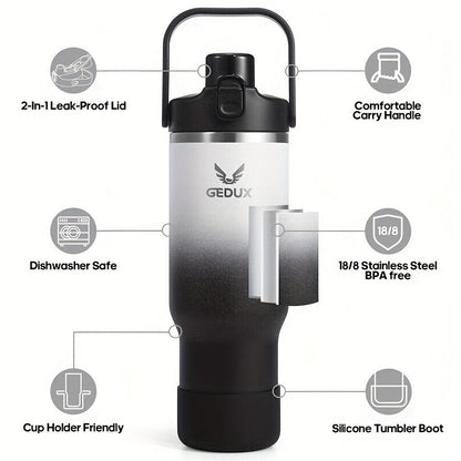 Vacuum Insulated Tumbler 32oz Stainless Steel with Handle Straw 2-in-1 Lid Chug Straw Lid Silicone Boot Matte Finish Keeps Drinks Cold Hot for Travel Gym Outdoor