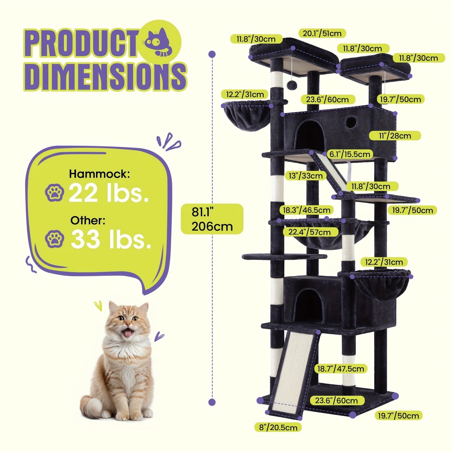 Cat Tree Tower Multi-Level for Indoor Cats - Cat Furniture with Sisal Scratching Posts, Plush Perches, Hammock, Basket & Corner Condo Cave, Hanging Toys & Climbing Ramp, Multiple Sizes & Colors