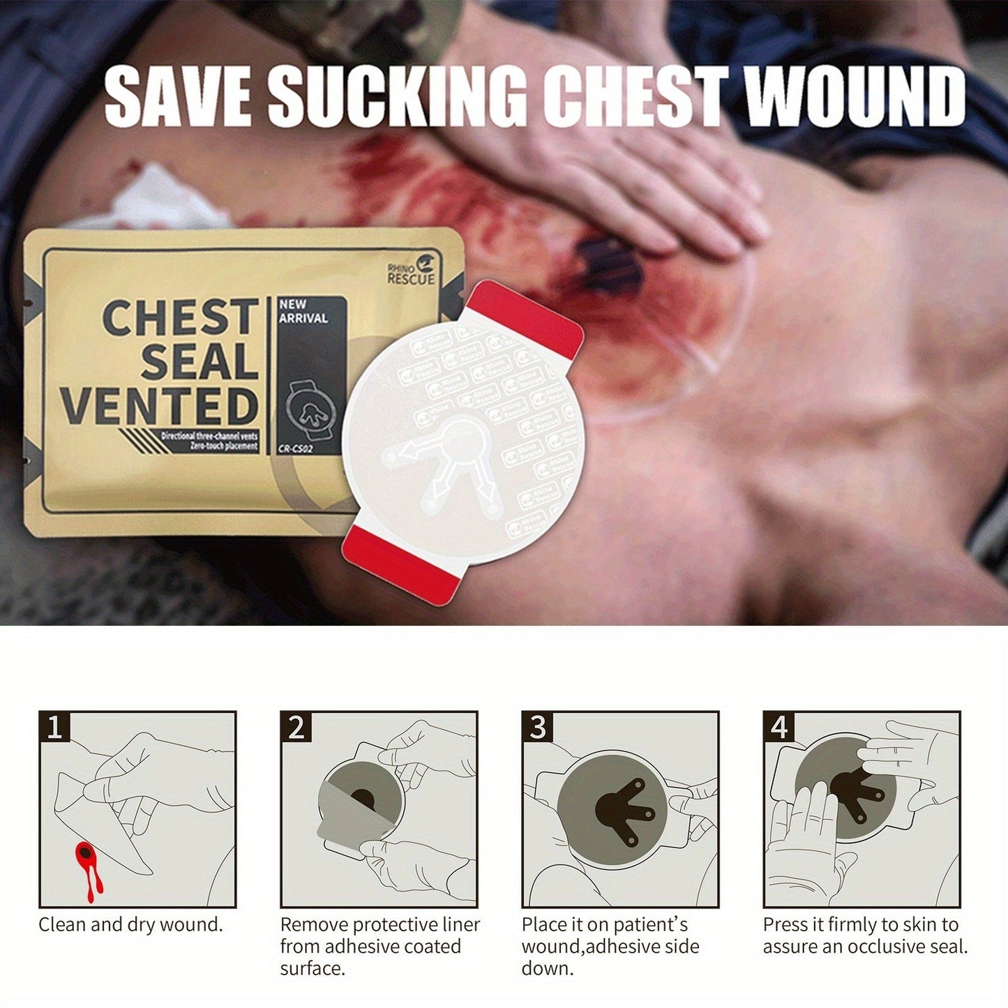 Non-Vented Chest Seal Emergency Trauma Dressing for Sucking Chest Wounds, Portable IFAK Medical Supply PA Nylon FSA HSA Eligible, Pack of 2 or 6 Tactical First Aid Chest Seal