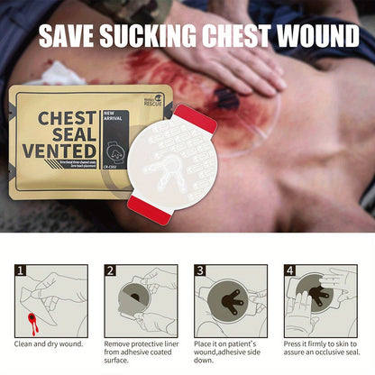 Non-Vented Chest Seal Emergency Trauma Dressing for Sucking Chest Wounds, Portable IFAK Medical Supply PA Nylon FSA HSA Eligible, Pack of 2 or 6 Tactical First Aid Chest Seal