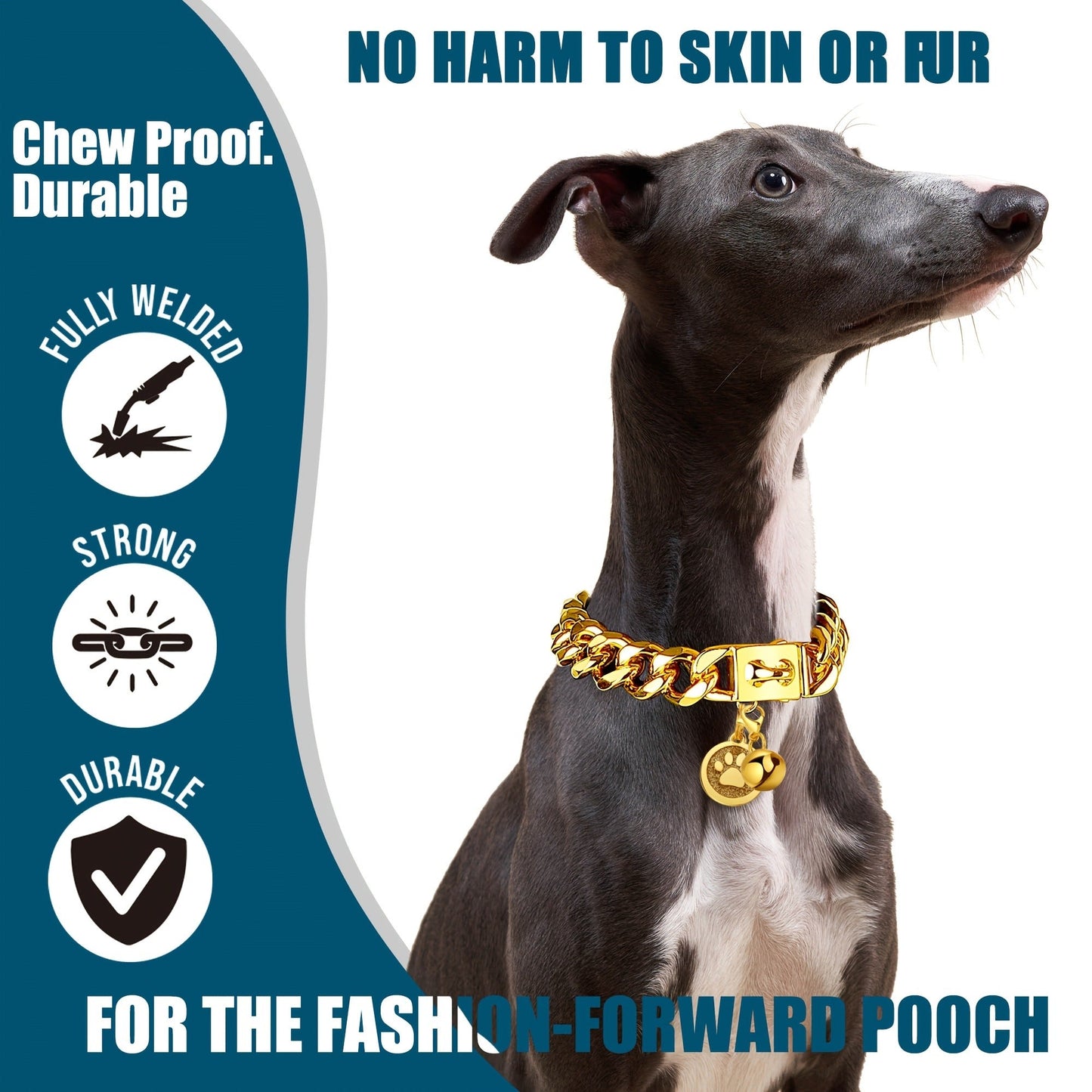 Cuban Link Dog Chain Collar – 19mm Gold Plated Stainless Steel with Snap Lock, 6 Sizes for Puppy Small Medium Large Dogs