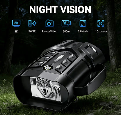 Night Vision Goggles 2K Ultra HD – 5W IR Binoculars with 2.8" IPS Screen, 10X Optical Zoom, 2600ft Range & 2000mAh Rechargeable Battery | Hunting, Camping, Security & Surveillance