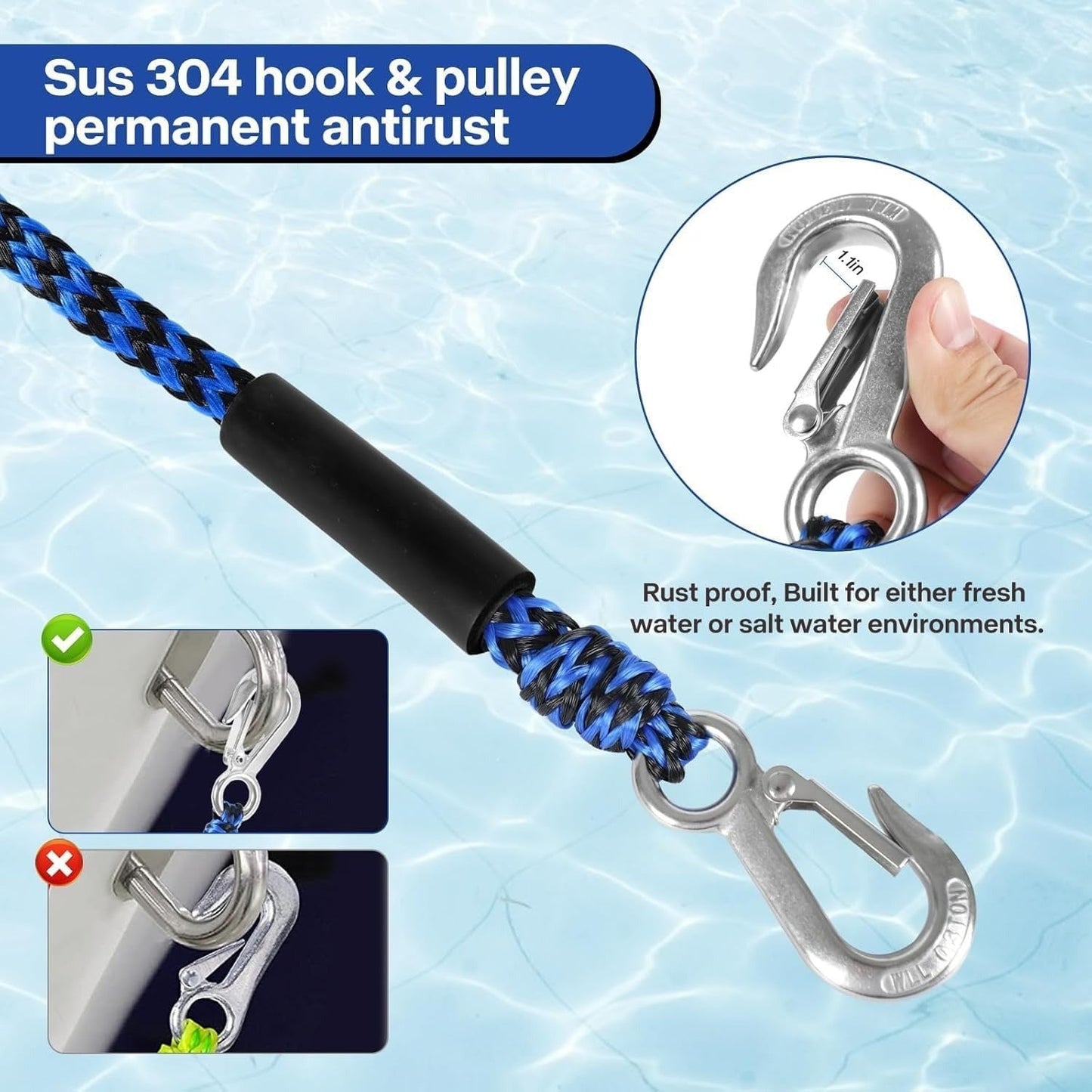 Heavy Duty Boat Tow Rope Harness Self-Centering with Float Ball Antirust Stainless Steel for Skiing Wakeboarding Kneeboarding 2 Riders