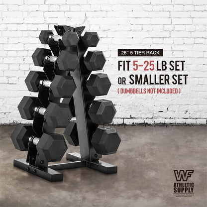 Dumbbell Rack A-Frame 5-Tier Heavy Duty Weight Storage Stand – Space-Saving Vertical Dumbbell Holder for Home Gym, Holds 5-25LB Hex & Rubber Dumbbells