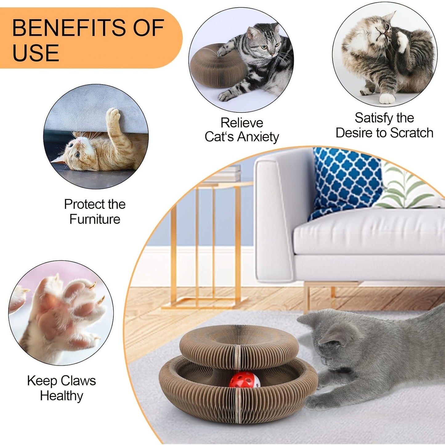 Cat Scratching Board with Ball Track & Bells - Foldable Organ Cardboard Scratcher Pad, Interactive Cat Toy for Indoor Cats, Wear-Resistant Corrugated Scratch Lounge