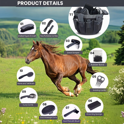 Horse Grooming Kit 11-Piece Set with Storage Bag – Complete Beginner & Daily Care Set with Curry Comb, Reversible Brush & Braiding Tools | SEAOTTER Professional Equine Grooming Supplies, Black