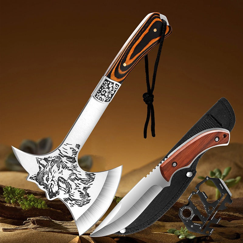 Tactical Axe Set Outdoor Multifunctional Knife Tool Card 3-4 Piece Kit for Hiking Camping BBQ Survival Wolf Head Axe Option