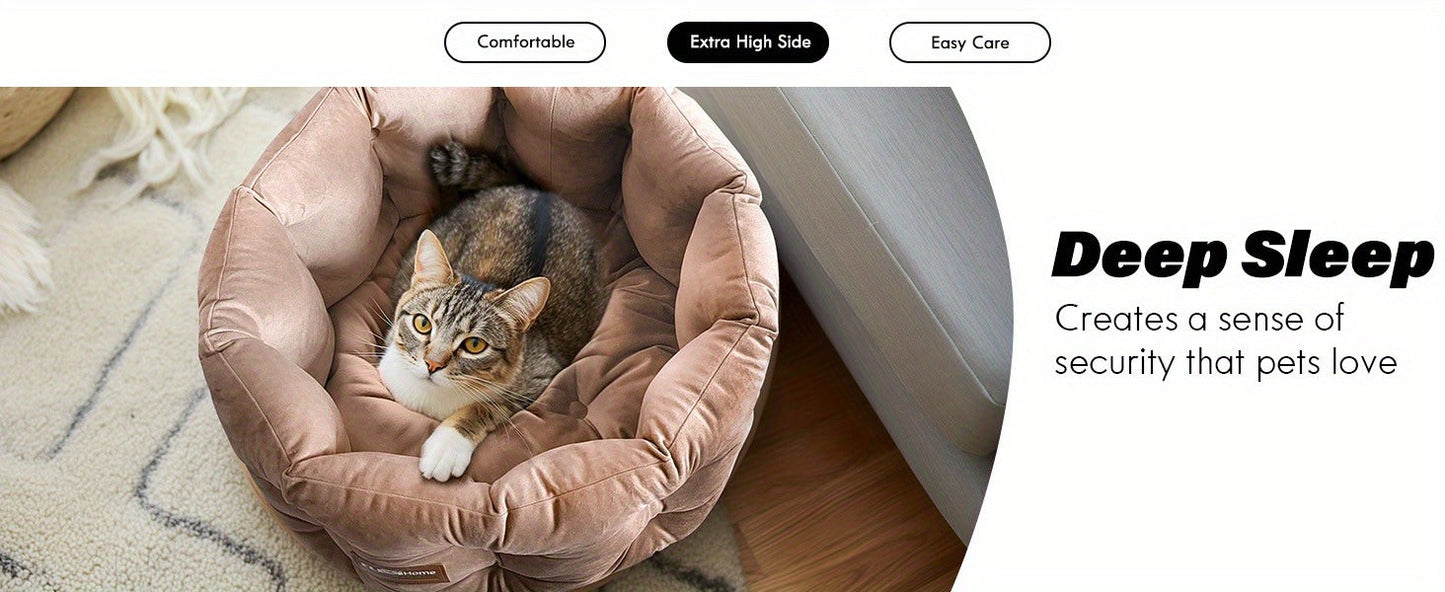 Cat Bed Round Deep Nest for Indoor Cats up to 15lbs, Luxurious Velvet Feel Extra High Sides, Machine Washable Non-Slip Bottom, Cozy Donut Cat Bed 20x20 in Steel Blue & Warm Beige