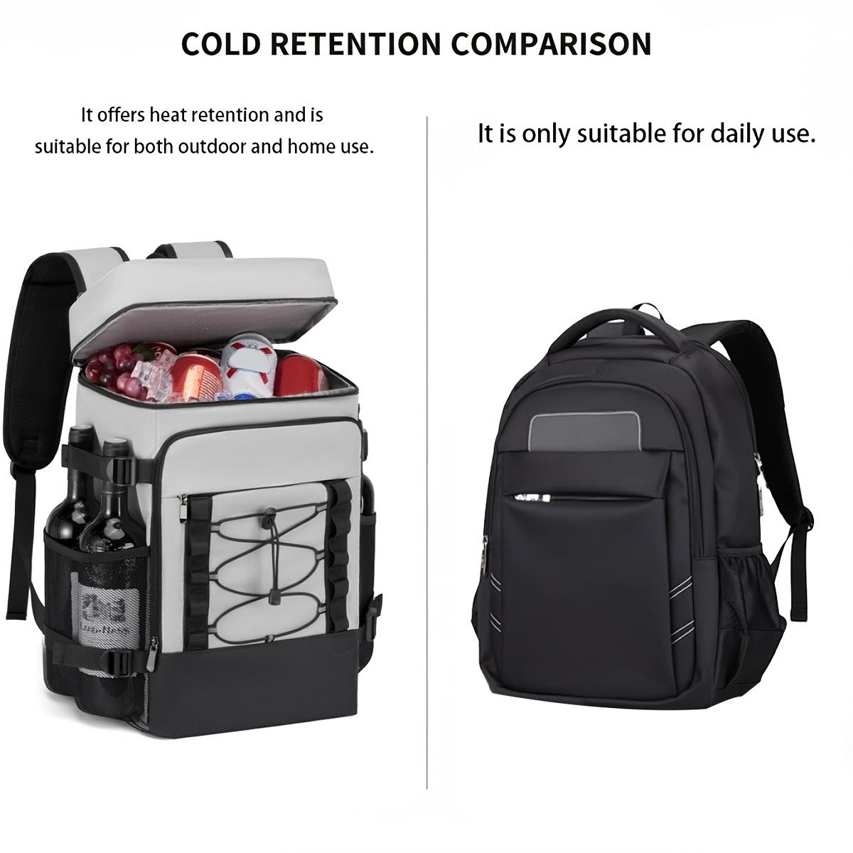 Insulated Cooler Backpack Leakproof Thermal Lunch Bag, Large Capacity Waterproof Cooling Rucksack for Camping, Hiking, Picnic & Beach, Foldable Soft Cooler Bag for Men & Women, Black & Grey