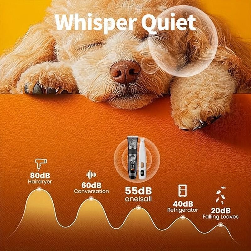 Pet Grooming Kit with Quiet Rechargeable Clippers - Cordless Electric Shaver & Complete Tool Set for Dogs and Cats, Low Noise Home Grooming with Digital Display Option