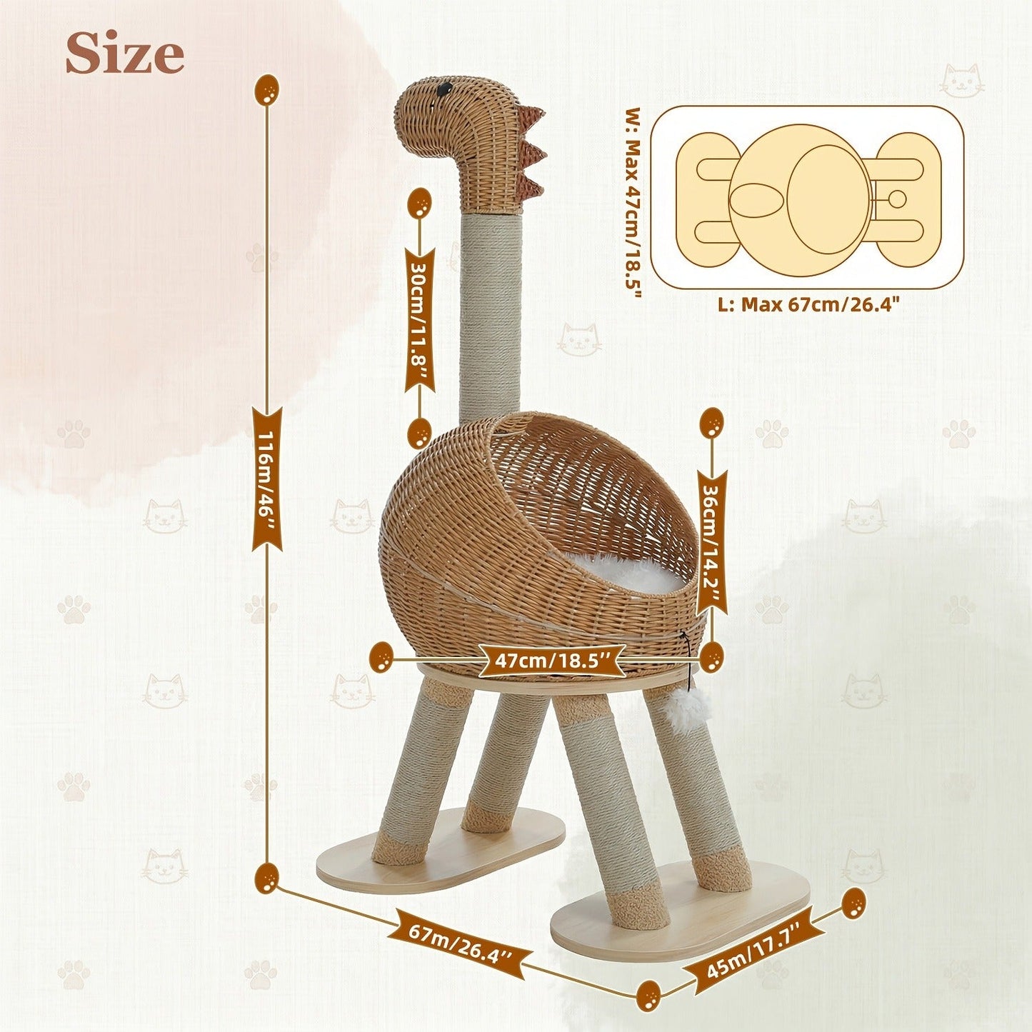 Dinosaur Cat Tree Tower 46 Inch – Large Rattan Cat House with 4 Sisal Scratching Posts, Wicker Bed & Removable Mat, Multi-Level Platform for Large Indoor Cats, Maine Coon Friendly, Brown