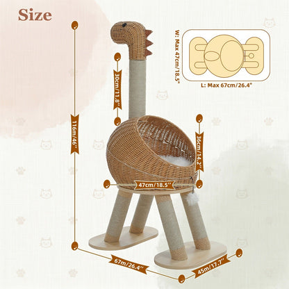 Dinosaur Cat Tree Tower 46 Inch – Large Rattan Cat House with 4 Sisal Scratching Posts, Wicker Bed & Removable Mat, Multi-Level Platform for Large Indoor Cats, Maine Coon Friendly, Brown