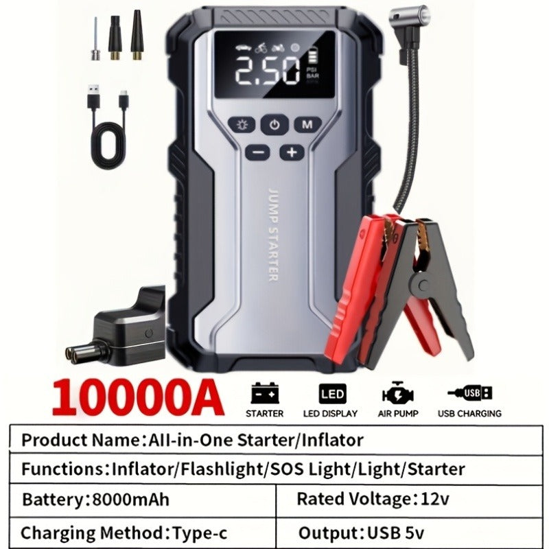 Car Jump Starter Portable Emergency Power Bank with LED Flashlight SOS Air Pump for Small Vehicles Roadside Emergency Kit
