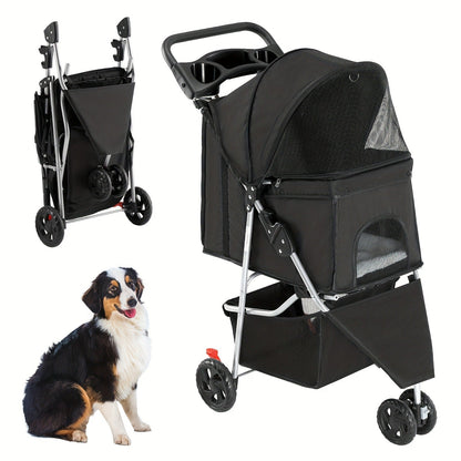 3-Wheel Pet Stroller for Small & Medium Dogs Cats - Foldable Jogger Stroller with Weather Cover, Storage Basket & Cup Holder, Breathable Mesh Window, All-Season Outdoor Walk Pram, Black