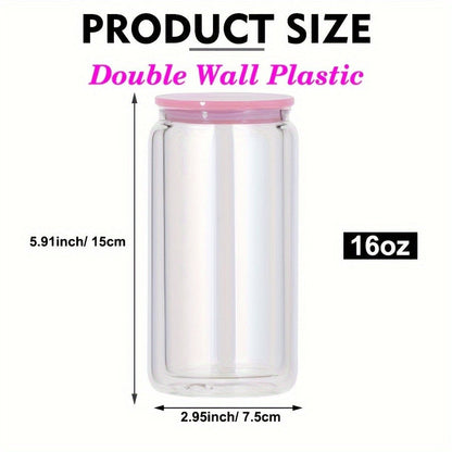 Clear Plastic Snow Globe Tumblers 16oz Double Wall Bulk Set 25 or 50 Cups Pre-Drilled Hole Colored Lid Straw for Iced Coffee Boba Soda Party DIY Customization