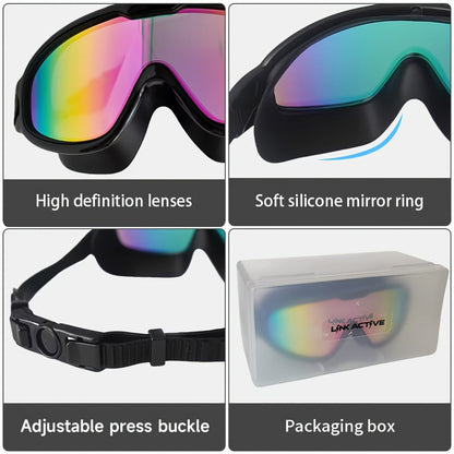 Swimming Goggles Set 6-in-1 with Case & Waterproof Bag - UV Protection Iridescent Coated PC Lens, Silicone Strap, PU Swim Cap, Nose Clip & Earplugs Included, Wide View Swim Goggles for Adults & Youth