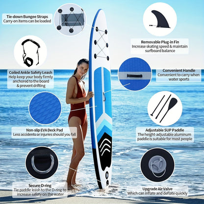 Inflatable Stand Up Paddle Board SUP Yoga Board 124'' x 31'' Wide Stance Non-Slip Deck with Paddle Pump Leash Carry Bag for Teens Adults Beginners