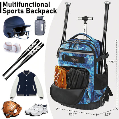 Wheeled Sports Backpack with Wheels – Large Capacity Baseball Softball Soccer Bag Multiple Pockets for Daily Commuting