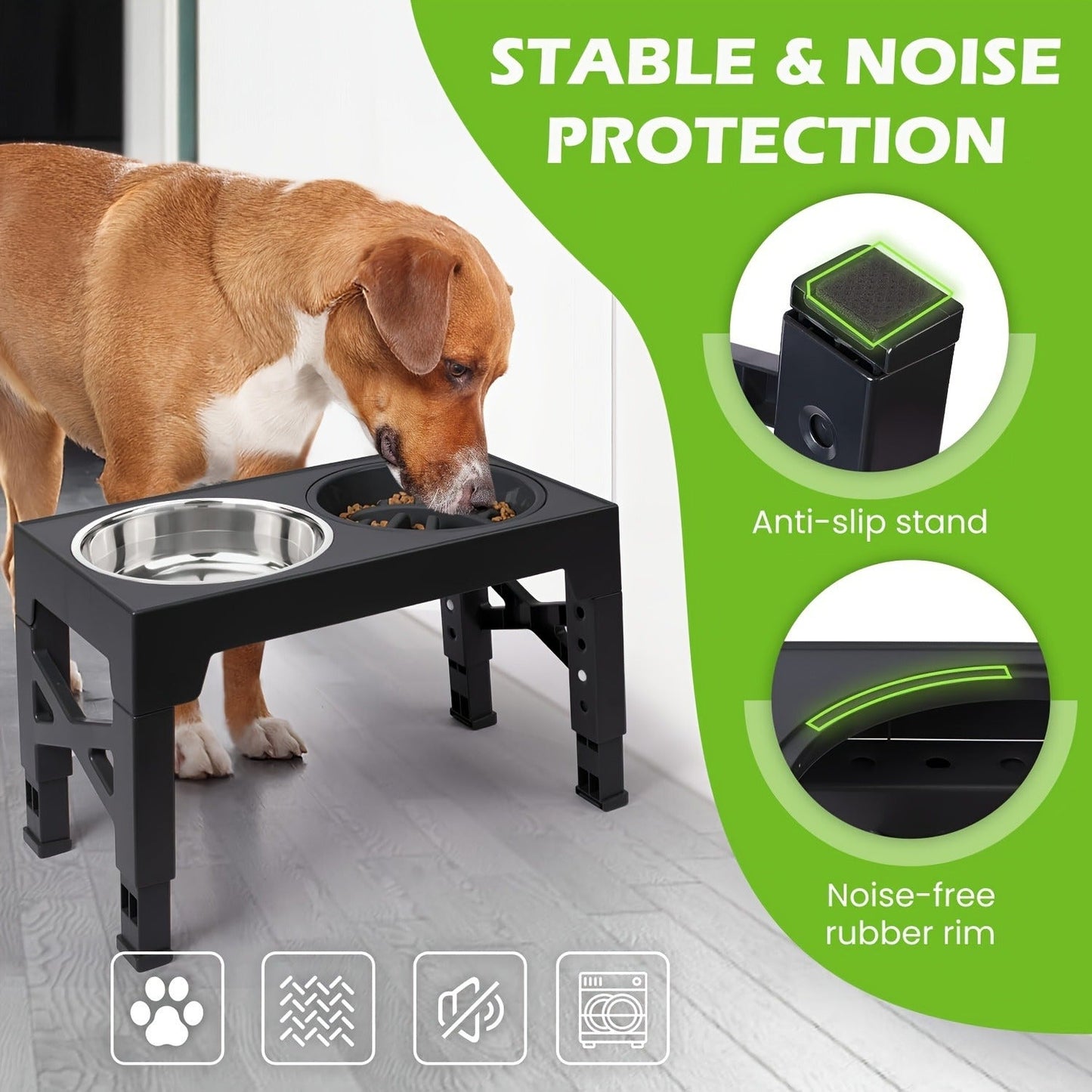Elevated Dog Bowl Stand with 3 Stainless Steel Bowls – 5 Adjustable Heights, Slow Feeder Design for Small Medium Large Dogs | Anti-Slip Raised Dog Feeder Station (Black & Gray)