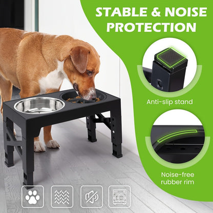 Elevated Dog Bowl Stand with 3 Stainless Steel Bowls – 5 Adjustable Heights, Slow Feeder Design for Small Medium Large Dogs | Anti-Slip Raised Dog Feeder Station (Black & Gray)