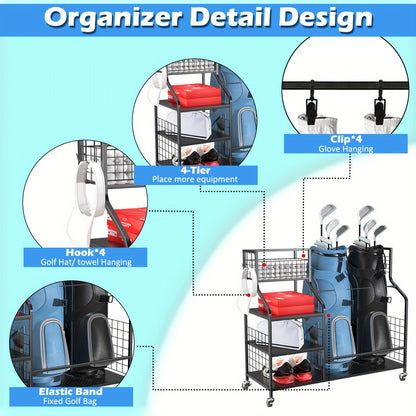 Golf Bag Storage Rack & Organizer for Garage – Extra Large Golf Club Holder Stand for 2 Bags, Heavy Duty Golf Equipment Accessories with Optional Side Pocket