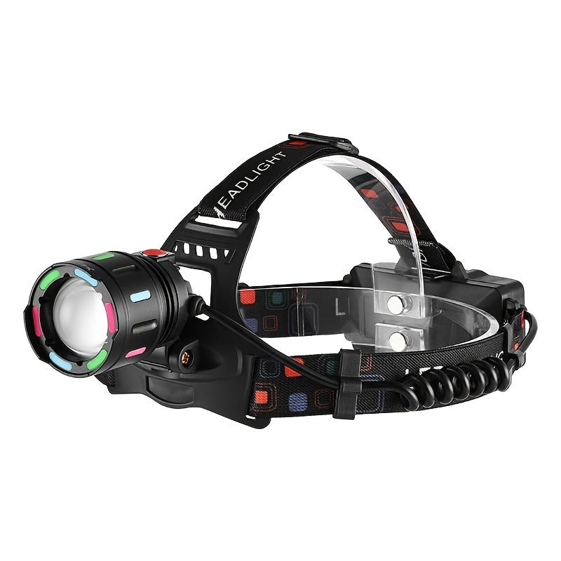 Zoomable LED Headlamp Rechargeable – Adjustable Focal Length, 90° Tilt, Warning Taillight, 4 Modes, Durable Head Torch for Camping, Hiking, Repair Work & Emergency Use