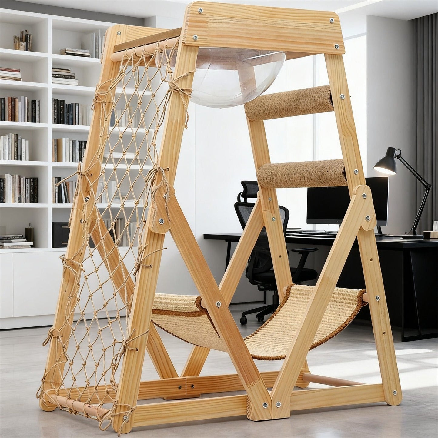 Cat Tree Triangle Cat Tower with Sisal Scratching Posts, Soft Hammock Bed & Hanging Feather Toys – Bamboo Stable Cat Climbing Tower for Indoor Cats, Kittens & Small Cats, Space-Saving Design