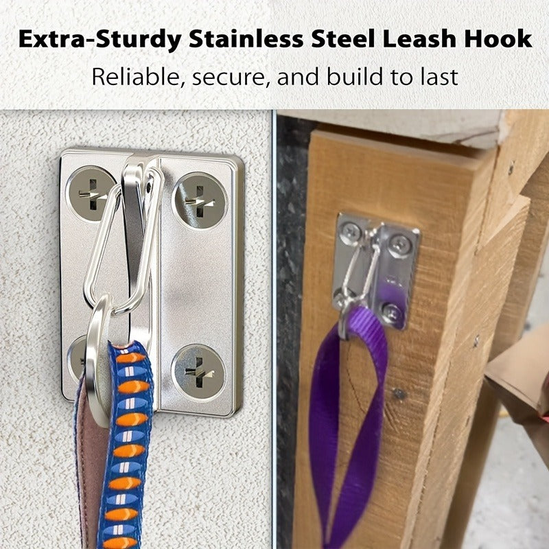 Heavy Duty Dog Tie Out Wall Hooks Set of 2 - Metal Wall-Mounted Leash Anchor with Dual Switchable Hooks, Scratch-Resistant for Walls & Floors, Sturdy Indoor & Outdoor Dog Leash Hook, Grey