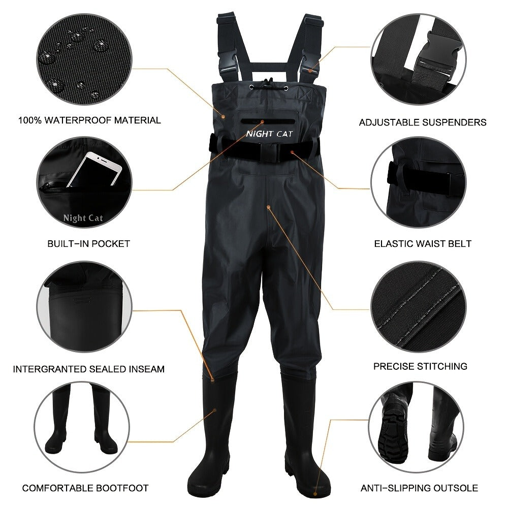 Waterproof Chest Waders for Men – Bootfoot PVC Fishing Suit with H-Back Suspenders, Anti-Slip Rubber Boots | Sizes 7.5–13 | Ice Fishing, Fly Fishing, Saltwater & Hunting