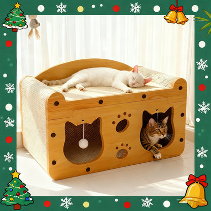 Large Cat House with Scratcher Pad & Plush Ball Toys, Ventilated Multi-Functional Indoor Outdoor Cat Shelter, Easy Assembly Single Door Double Door Luxury Double-Layer Cat Condo, Festival Gift