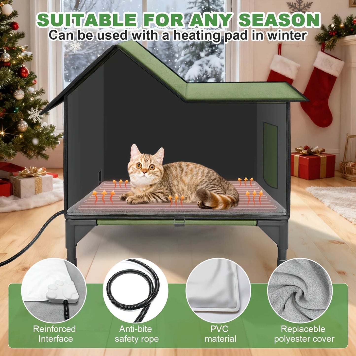 Elevated Cat House & Dog Bed with Detachable Heating Pad - Raised Outdoor Indoor Pet Bed for Cats Small Dogs, Durable Weatherproof Pet House with Removable Warm Pad, Multiple Sizes Available