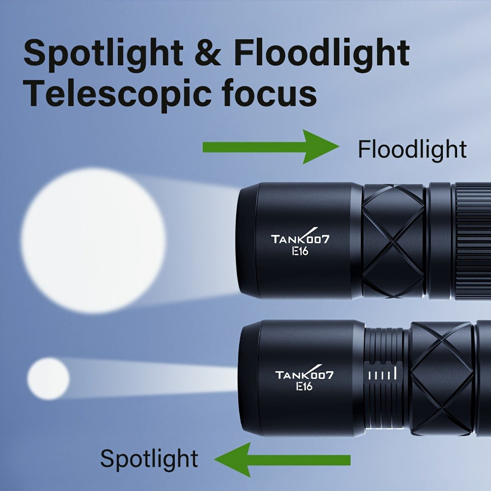 Magnetic EDC Flashlight Tank 007 E16 – Type-C Rechargeable Mini Zoomable LED Torch, Lithium Polymer Battery, Compact Aluminum Alloy Design for Outdoor & Indoor Use
