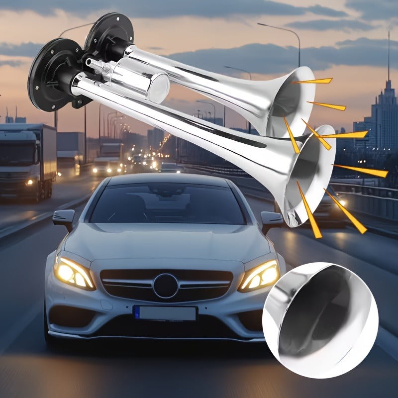 Dual Air Horn Kit 12V/24V 105-137dB with Air Compressor - Super Loud Aluminum Alloy Trumpet Horn for Truck, Train, SUV, Motorcycle, Car & Boat, Universal Electric Horn Easy Install
