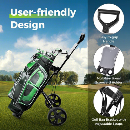 Foldable 2 Wheel Golf Push Cart Trolley with Scoreboard - Lightweight Steel Frame Pull Cart with Adjustable Handle, Score Counter, Ball & Tee Holder, Easy Fold Design for Golf Course & Club Transport