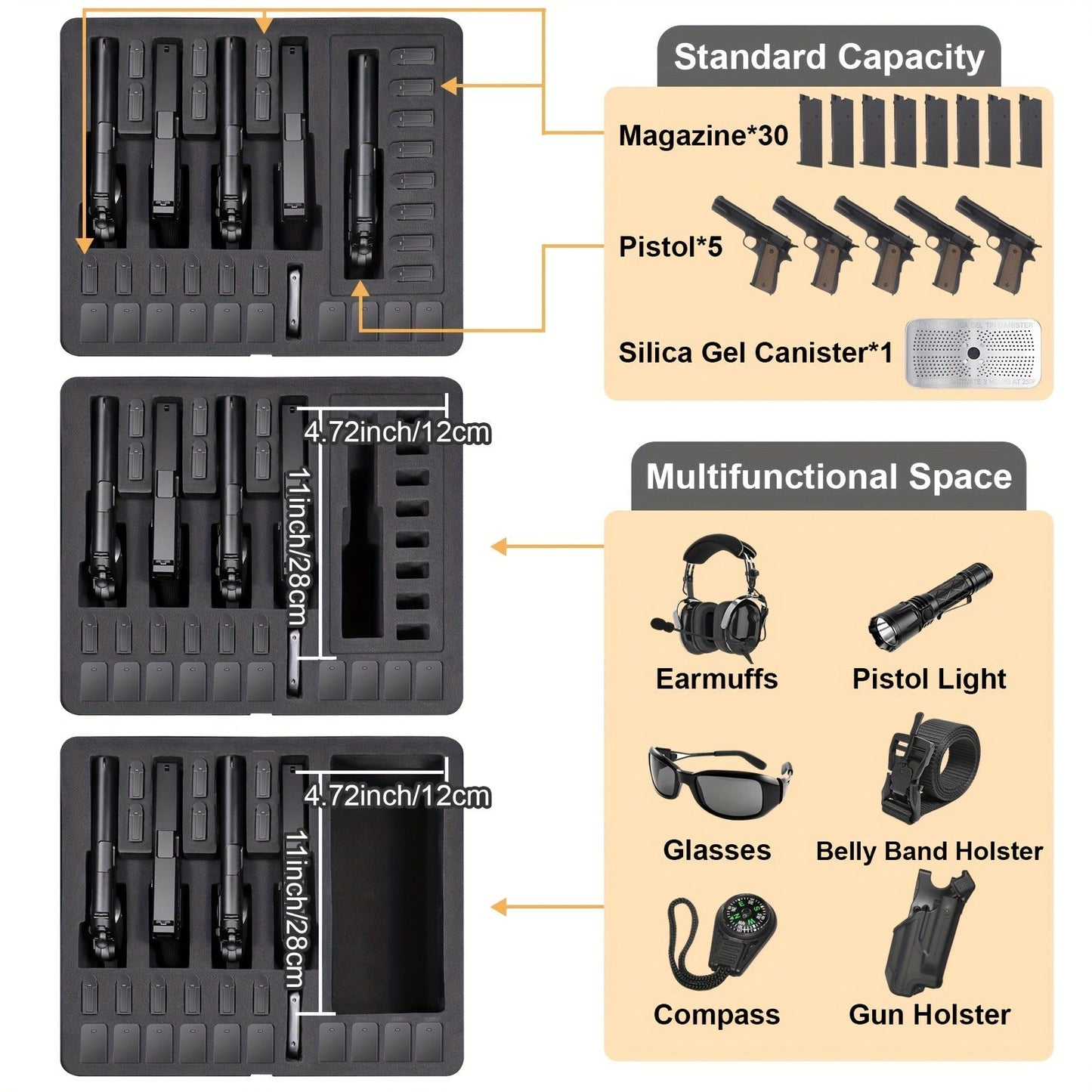 Hard Pistol Case Holds 5 Handguns & 30 Magazines - Lockable Travel Gun Case with Pre-Cut Foam, Silica Gel Canister, ABS Hard Shell, Multiple Pistol Storage Box for Handguns Under 11 Inches