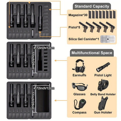 Hard Pistol Case Holds 5 Handguns & 30 Magazines - Lockable Travel Gun Case with Pre-Cut Foam, Silica Gel Canister, ABS Hard Shell, Multiple Pistol Storage Box for Handguns Under 11 Inches