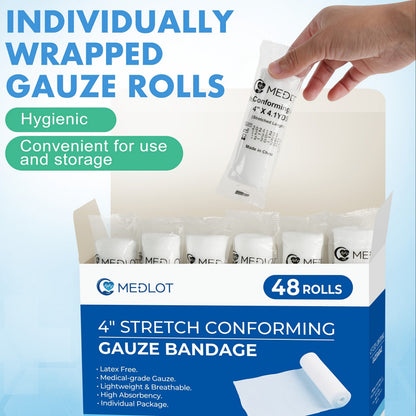 Stretch Gauze Bandage Roll 48 Count Individually Wrapped - 4 Inch x 4 Yards Latex Free Conforming Gauze Wrap for First Aid, Wrist, Knee, Wound Care, Hemostasis & Outdoor Emergency Medical Supplies