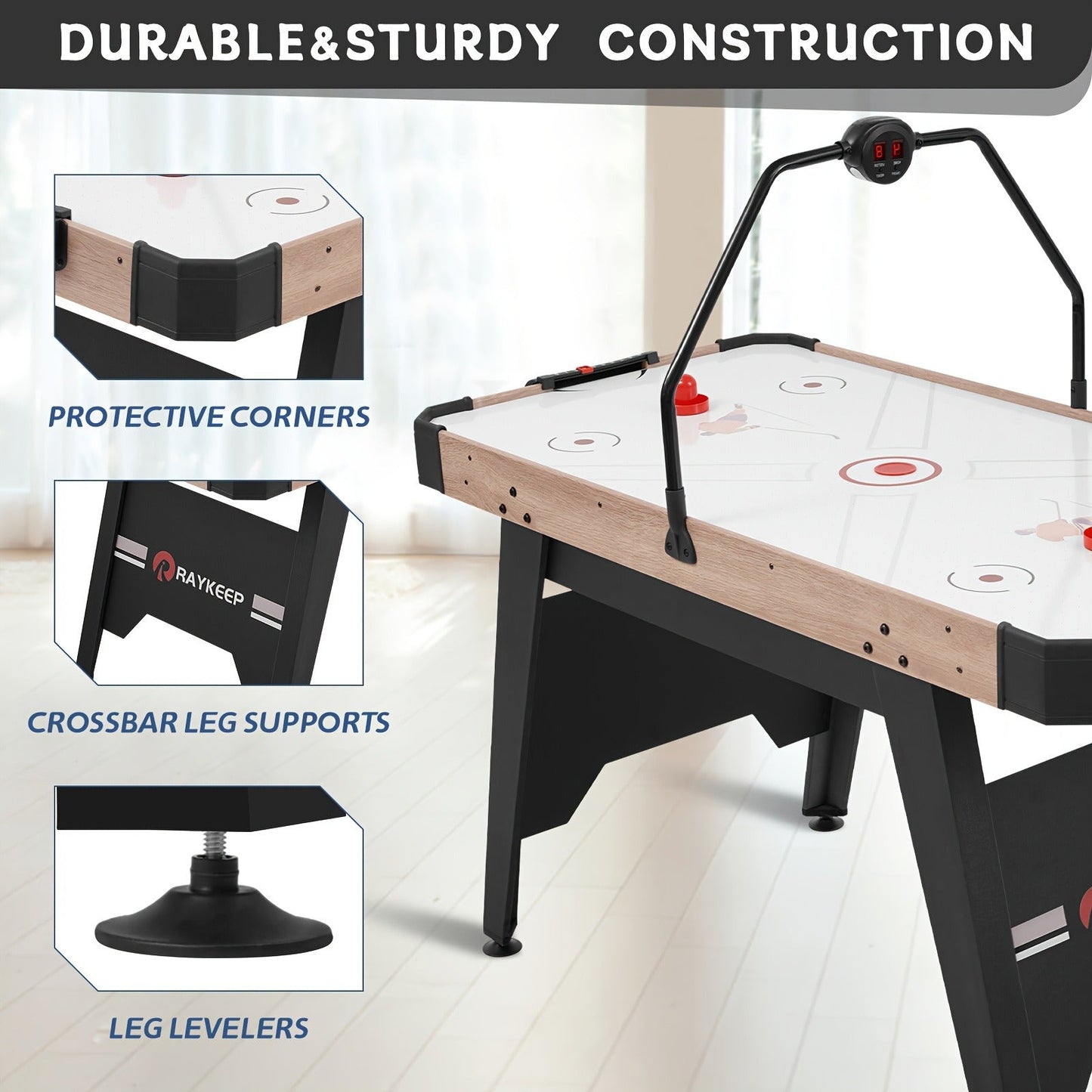 54 Inch Air Hockey Table with LED Scorer – Indoor Arcade Hockey Game Set with 2 Pucks & 2 Pushers, Portable Sports Gaming Table for Game Room, Family & Home Entertainment