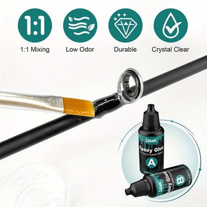 Fishing Rod Repair Kit with Top Rings Guides AB Epoxy Glue Winding Line Textured Paper Complete Rod Break Fix Set Iron Rod Guides Replacement Supplies FRT-02