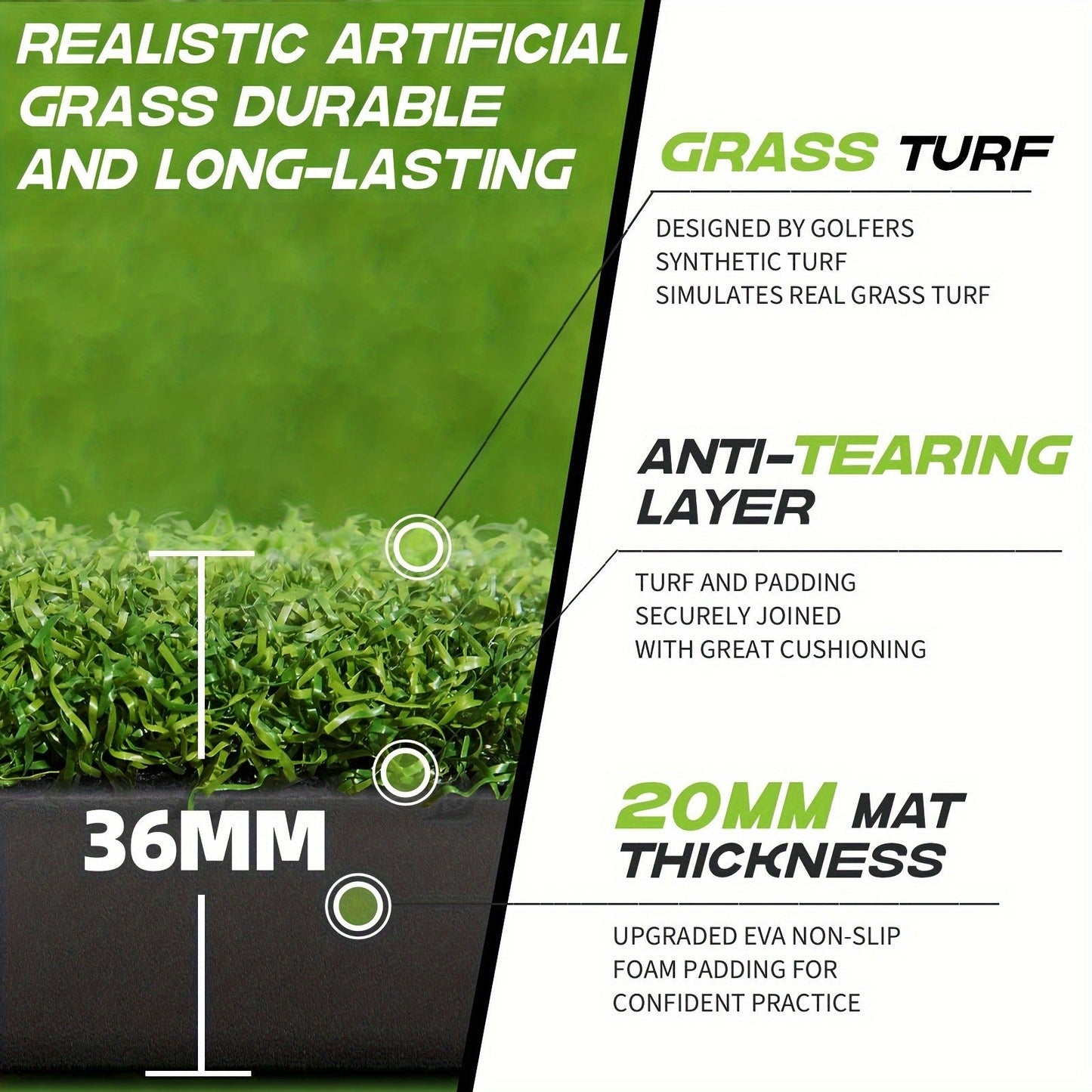 Golf Hitting Mat with Artificial Turf & Non-Slip EVA Base, Indoor Outdoor Golf Practice Mat Set with 9 Golf Balls 8 Tees & Rubber Tee, High-Elastic Chipping Driving Training Mat for All Skill Levels