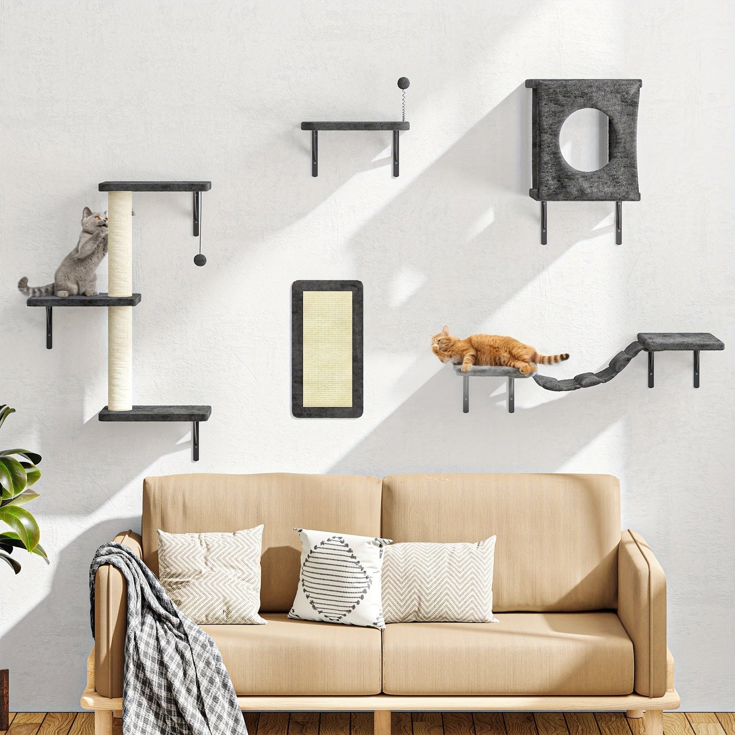 Cat Wall Shelves 5-Piece Set - Wall-Mounted Cat Furniture with Floating Perch, Cat Climber, Bridge & Cat Bed, Modern Cat Tree Alternative for Indoor Cats, Black / Grey / Beige