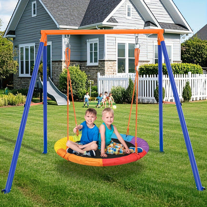 Outdoor Swing Set for Kids 3-in-1 Metal A-Frame 550 lbs Disc Saucer Swing Backyard Playground
