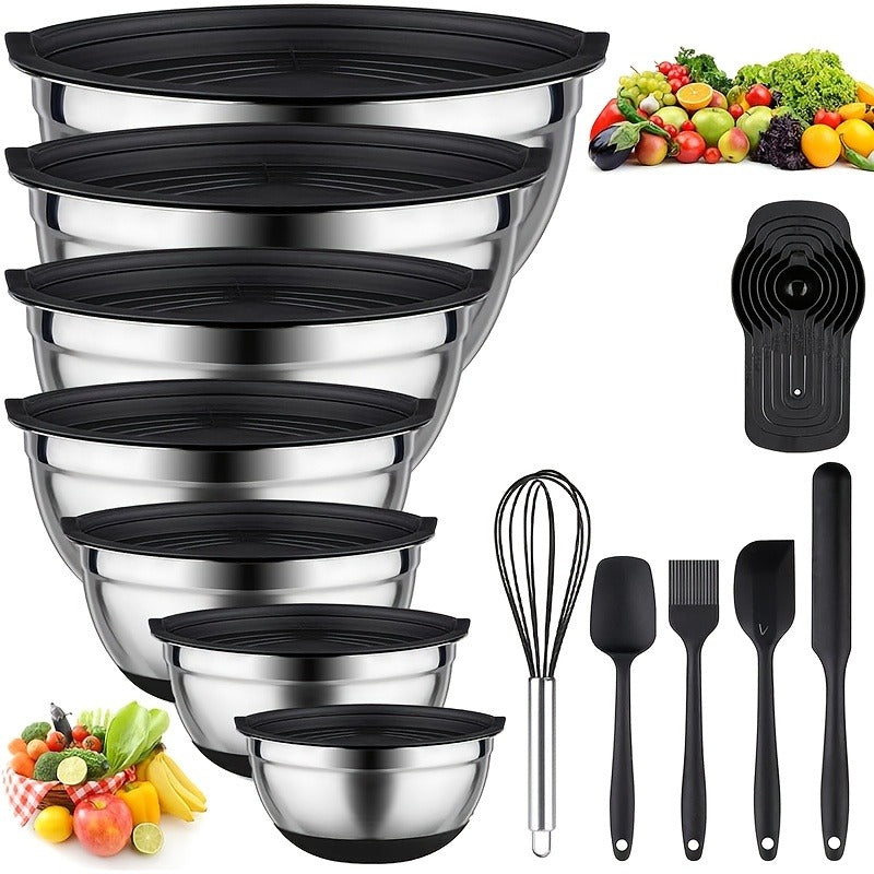 Stainless Steel Mixing Bowls Set with Airtight Lids 7 Piece, Stackable Nesting Bowls with Measuring Spoons Whisk Spatula Tongs Basting Brush, Dishwasher Safe Kitchen Bowls for Cooking Baking Camping Travel