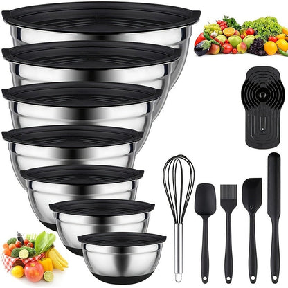 Stainless Steel Mixing Bowls Set with Airtight Lids 7 Piece, Stackable Nesting Bowls with Measuring Spoons Whisk Spatula Tongs Basting Brush, Dishwasher Safe Kitchen Bowls for Cooking Baking Camping Travel