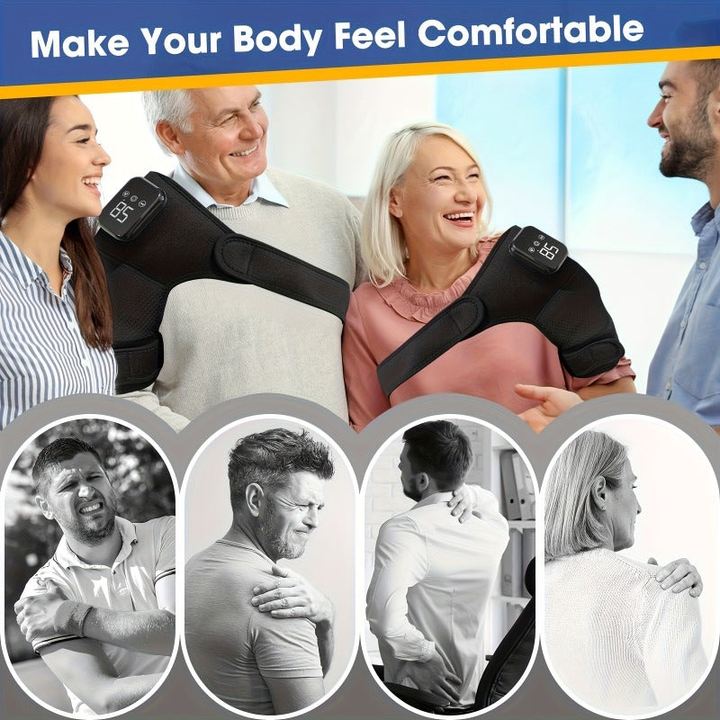 Cordless Heated Shoulder Massager with Vibration – 3 Heat Levels & 3 Vibration Intensities Electric Heating Pad for Shoulder, Elbow & Knee Pain Relief, LED Touch Screen, USB & Battery Powered