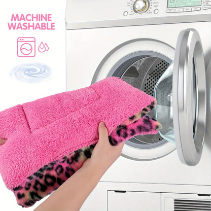 Reversible Plush Pet Mat Leopard Print Fleece Soft Warm Dog Cat Bed Pad Anti-Slip Machine Washable for Crate Car Sofa Floor Small Medium Large Breeds S M