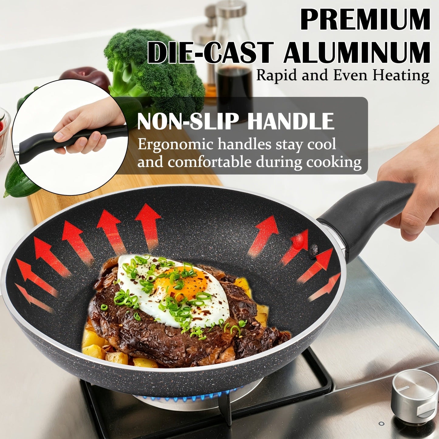 Nonstick Frying Pan Set 7pcs – 8.5" & 10" Aluminum Skillets with Deep Frying Pan, Fast Heating, Easy Clean – Durable Cookware Set with 4 Dish Cloths for Home Kitchen & Camping